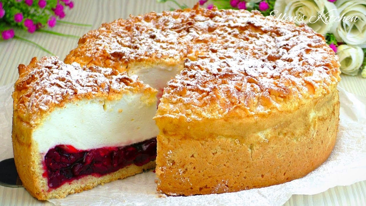 Вишневый пирог с кремом-суфле, тает во рту! Вы будете в восторге!