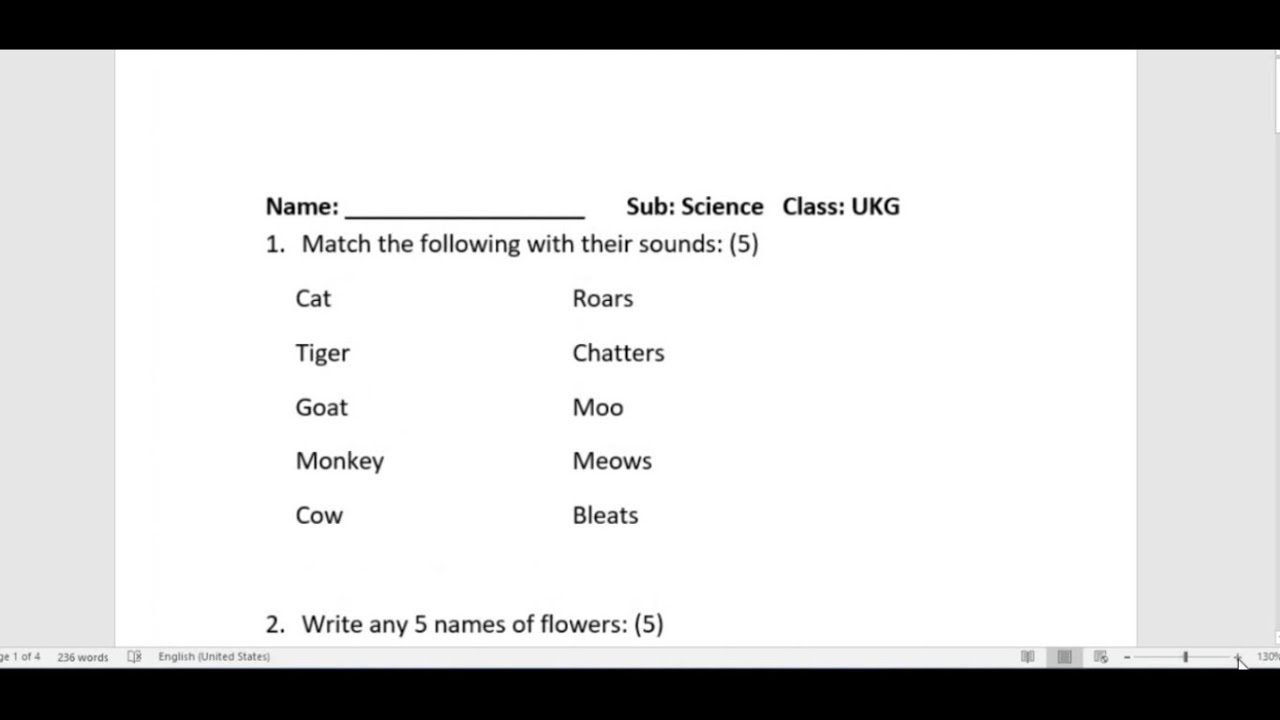 UKG science question paper - second term
