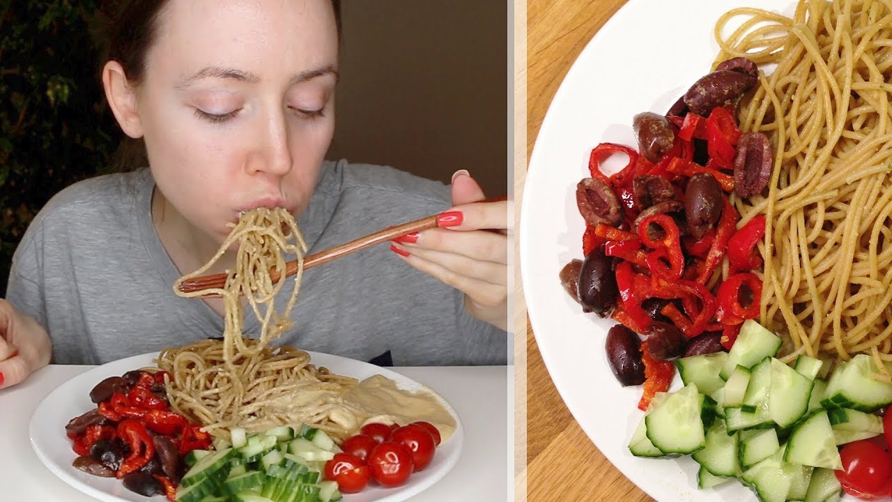 ASMR Whisper Eating Sounds | Pesto Spaghetti, Olive Tapas & Hummus