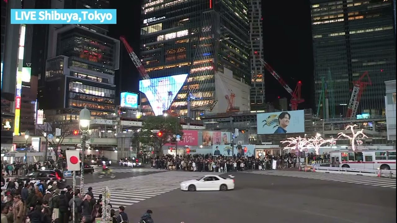 Tokyo Shibuya Scramble Crossing spotted Go-Kart and 2X Skyline R34 in live recorded