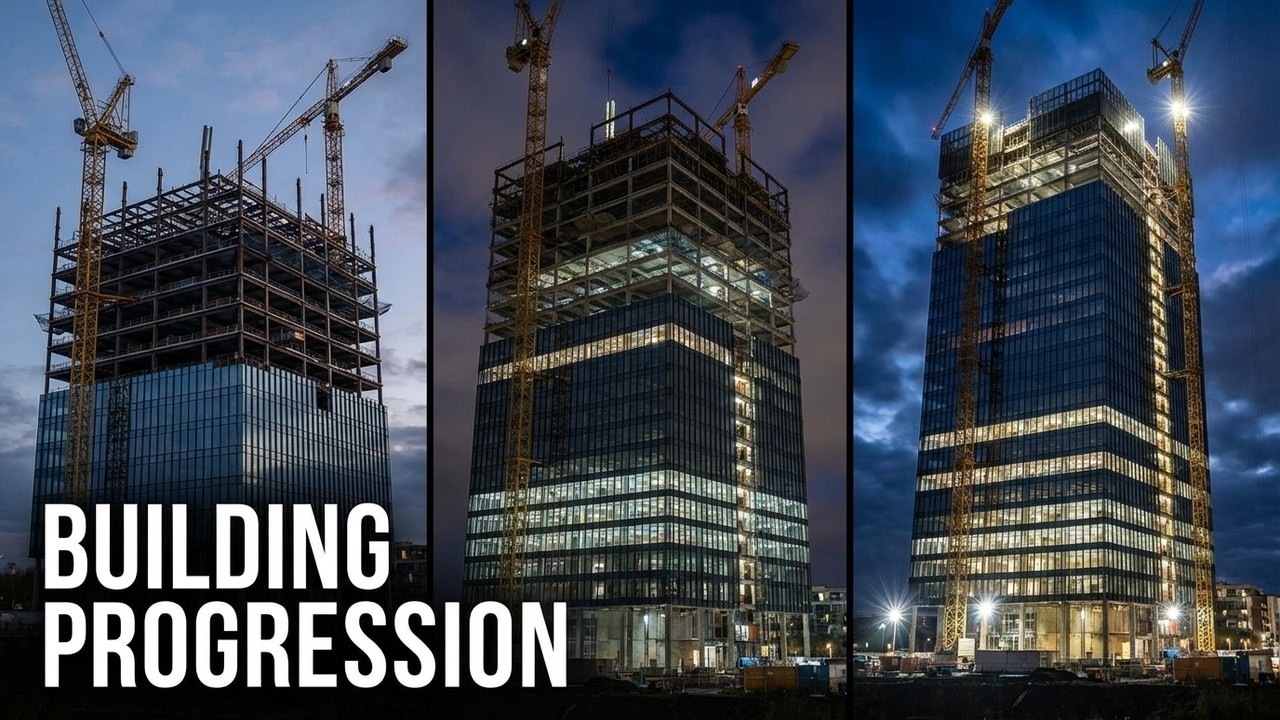Night Construction Timelapse — Office Building Takes Shape Under The Lights
