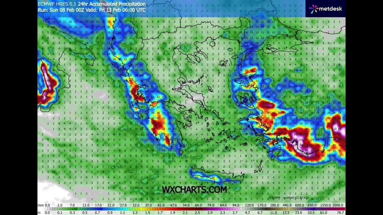 ECMWF HRES – 15ήμερη Πρόγνωση Καιρού για την Ελλάδα | Θερμοκρασία, Βροχή & Χιόνι (WXCharts) 08-02-26