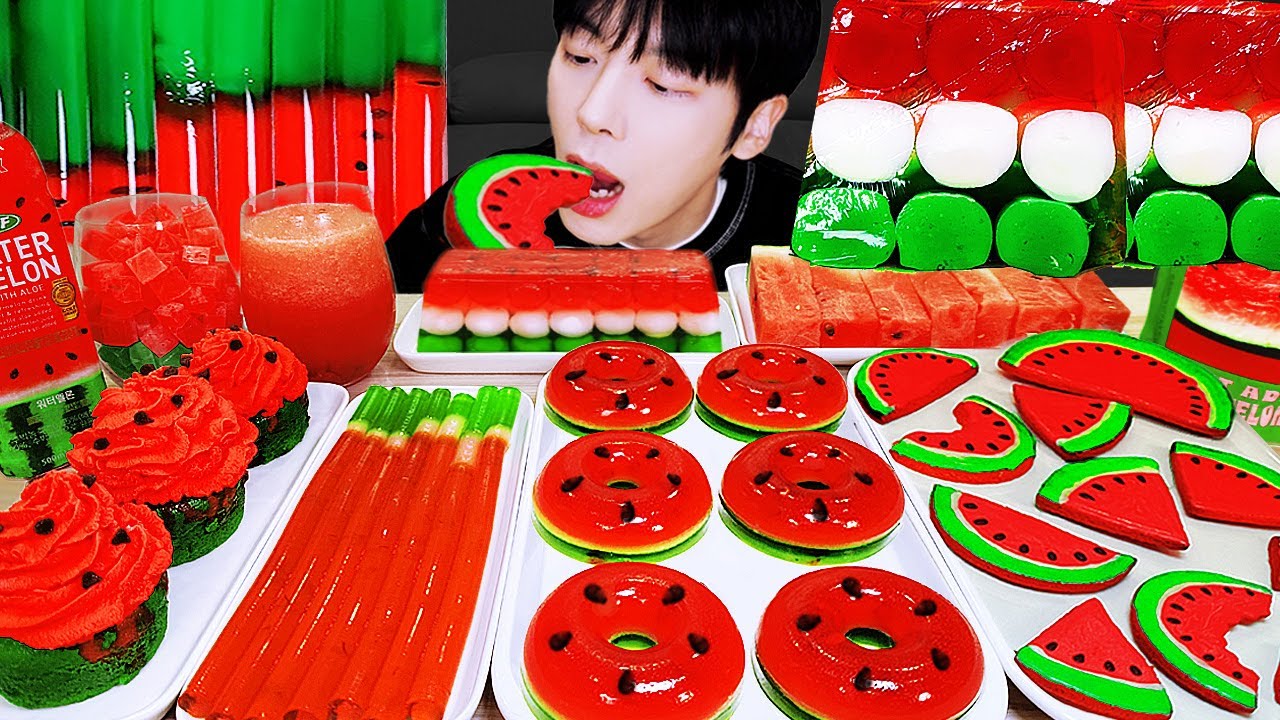 ASMR MUKBANG | Watermelon Desserts (Jelly, Strawberry Watermelon Tanghulu, Noodles Jelly, Ice cream)