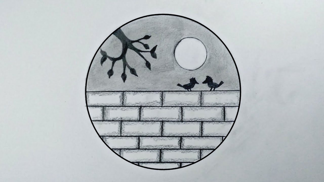 رسم سهل | رسم منضر طبيعي بالرصاص خطوة بخطوة للمبتدئين | رسم عصافير في حب داخل دائرة