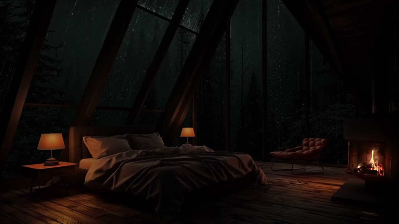 The peaceful sound of rain drifting through the forest around a warm and silent cabin at night