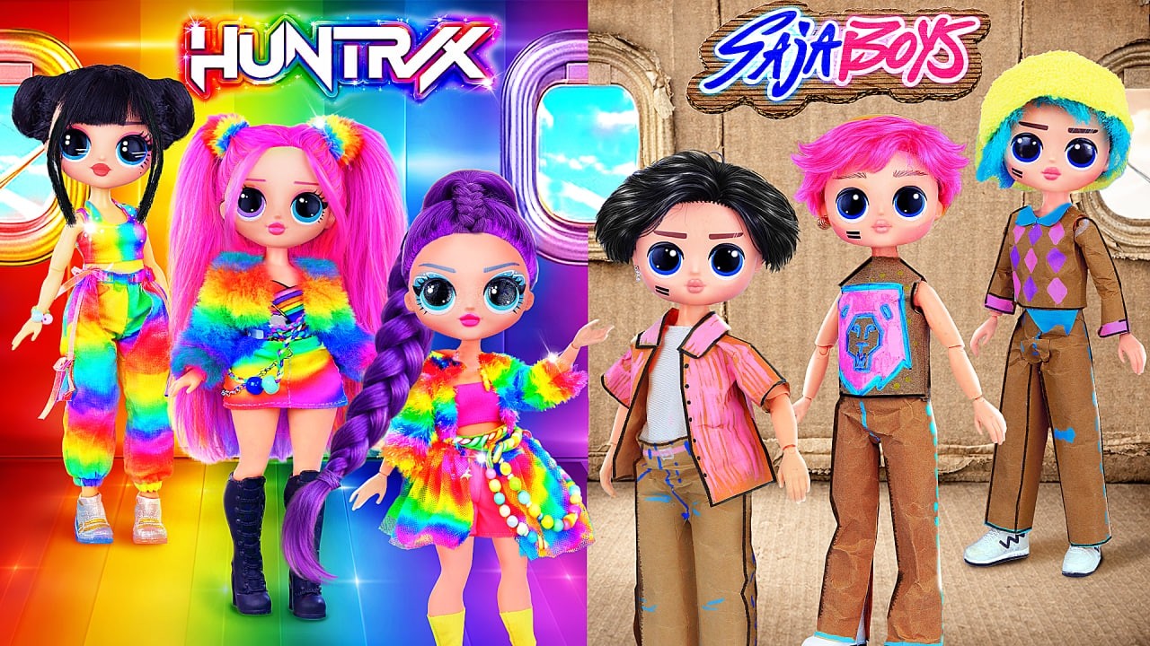 K-Pop Demon Hunters in Cardboard and Rainbow Airplane! DIY for Huntrix & Saja Boys Dolls
