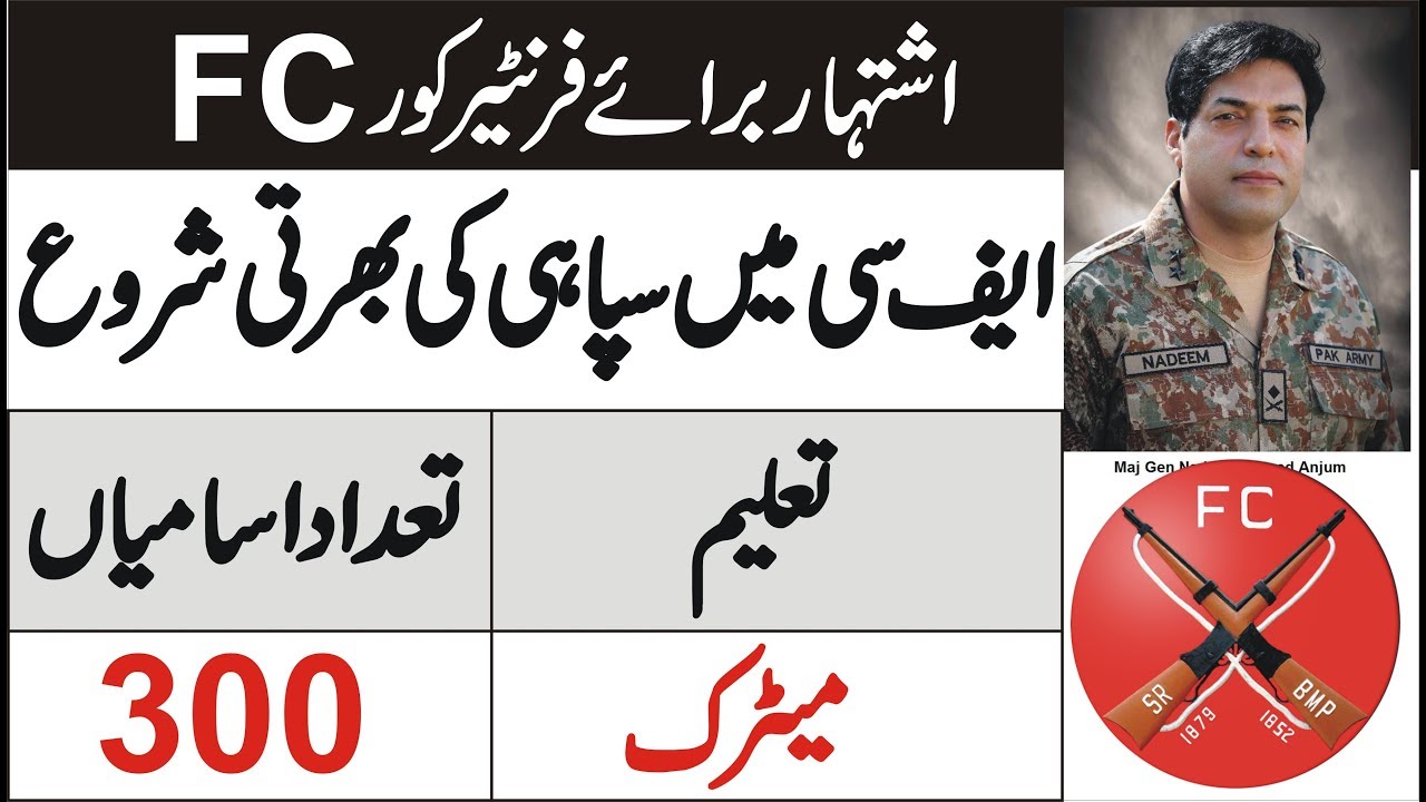FC Frontier Corps Soldier sipahi Jobs Education Matric