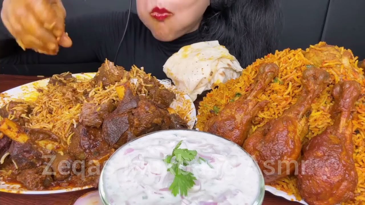 Eating Mutton Chicken Curry Rice biryani Rayta Salad |Eating Challenge#mukbang #eatingsounds 