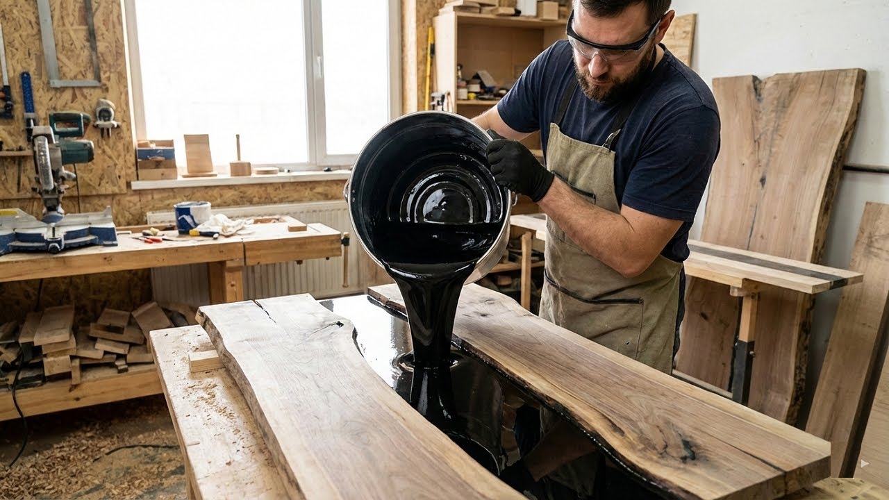 The Wood Treatment Techniques & Epoxy Resin Used To Create The Glossy Black Countertop