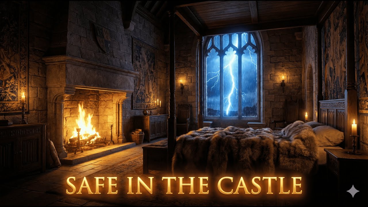 Sleeping in a Safe Castle during a Heavy Storm | Cozy Fireplace & Rain Ambience