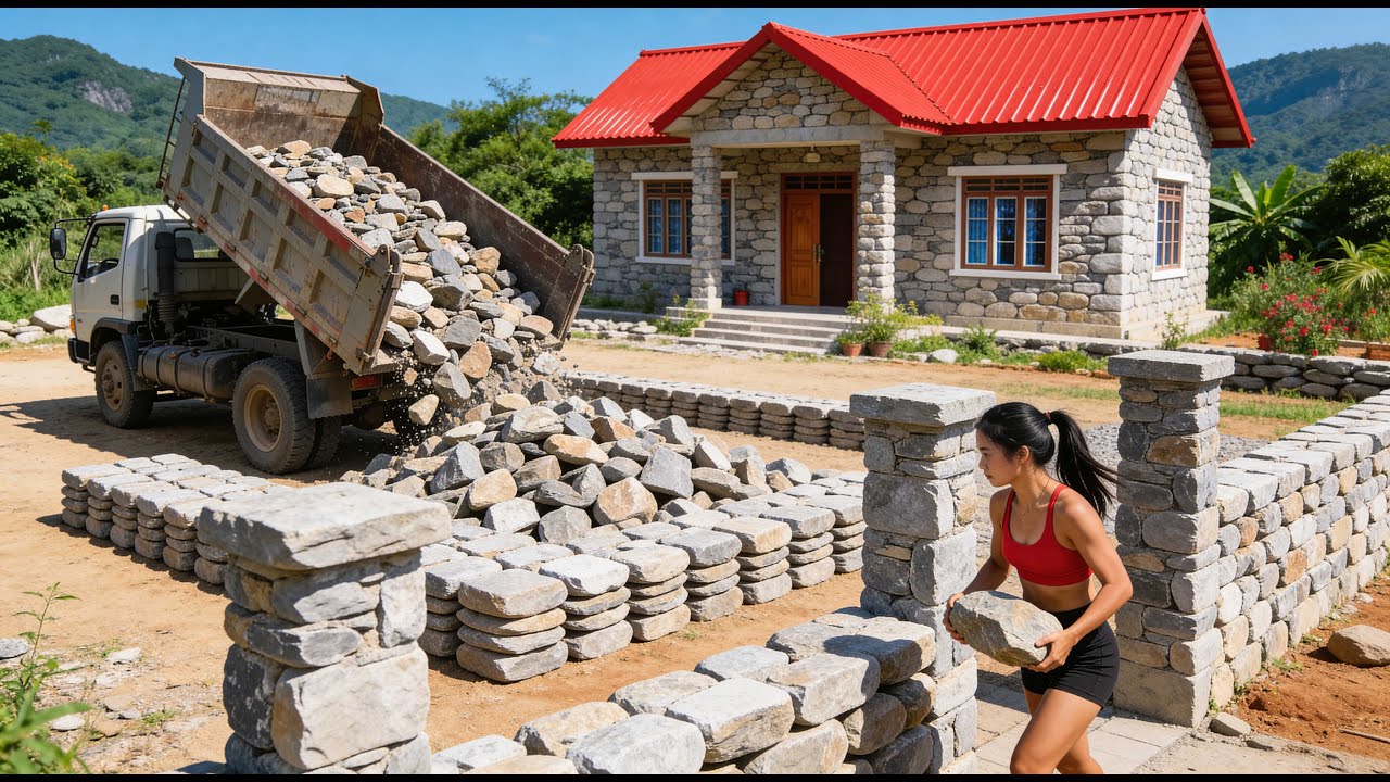 トラックで石を運搬して基礎と石柱建設 | Transport Large Quantities of Stone to Build a Strong Foundation and Pillars