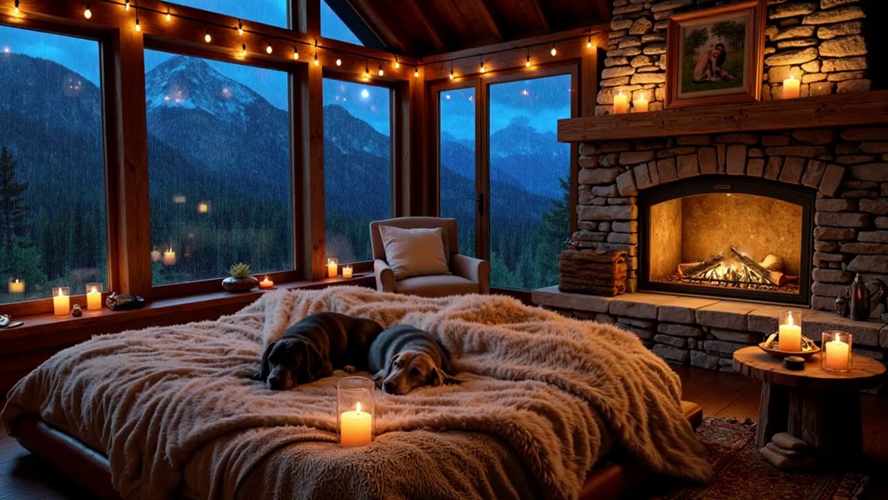 Rainy Mountain Night in a Cozy Bedroom Cabin | Fireplace & Candlelight for Deep Sleep
