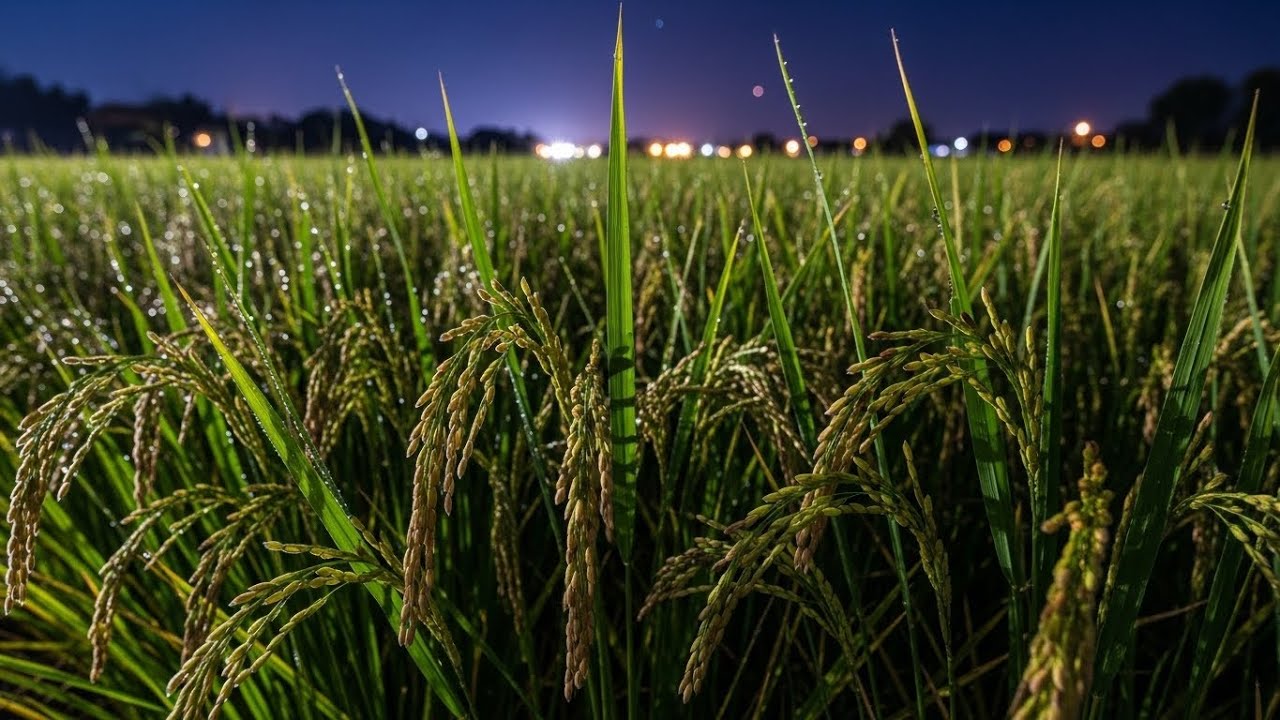 Softly Glowing Chill Lofi Ambience Floating Above Rice Fields Wrapped In Soothing Night Air