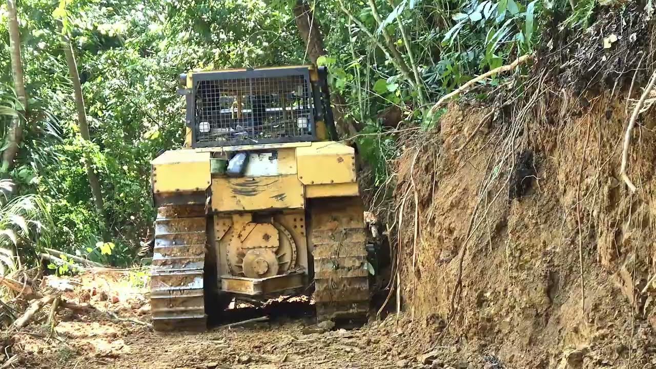 Extreme Bulldozer CAT D6R XL Pushing Dirt Dominates forest Road building