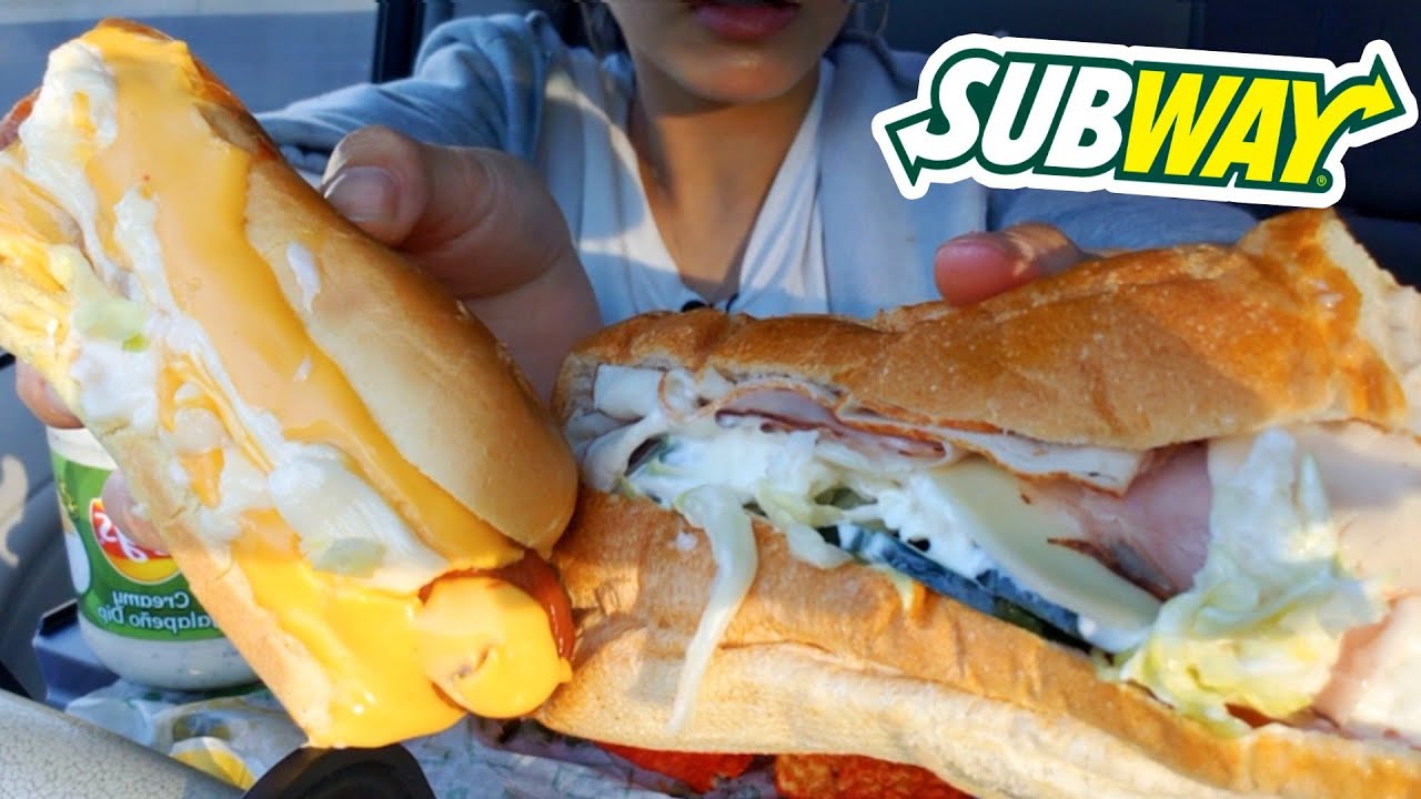 ASMR EATING SUBWAY TURKEY HAM SANDWICH + CHEESE HOTDOG REAL SOUND TWILIGHT SHOW