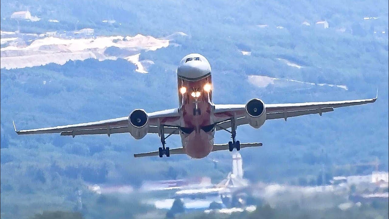 RARE Red Wings Tupolev TU-204 Powerful CROSSWIND Takeoff from Tivat Airport!