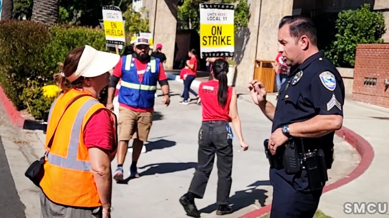 Police Officers Respond to Traffic Disruption During Union Strike at Luxury Hotel in Santa Monica