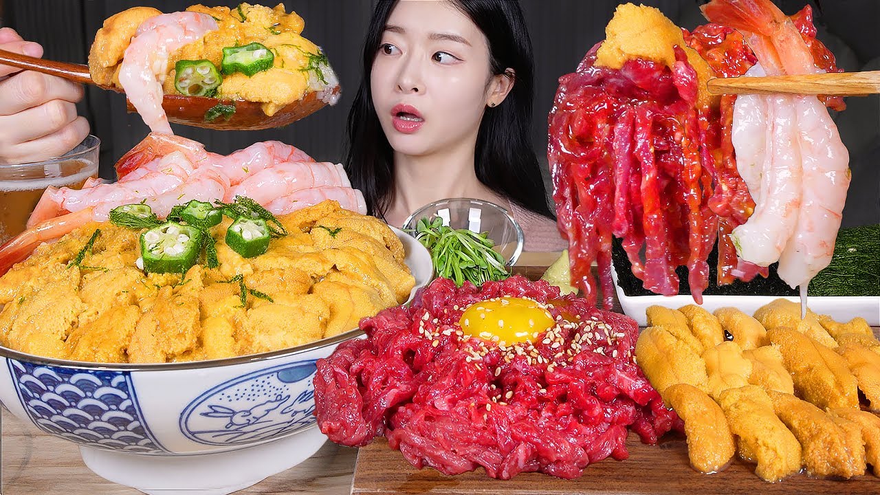 АСМР MUKBANG | Безумная миска риса с морским ежом (уни) и набор: сладкие креветки и корейское юкхе