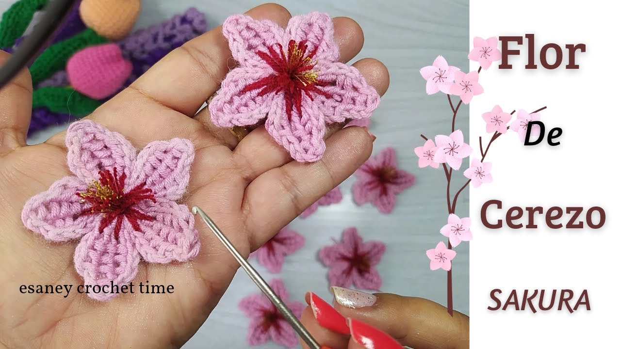 🌸Wow!! 💖sabes hacer Flor de CEREZO? Sakura CROCHET #esaney #tejer #tutorial #tunecino#diy