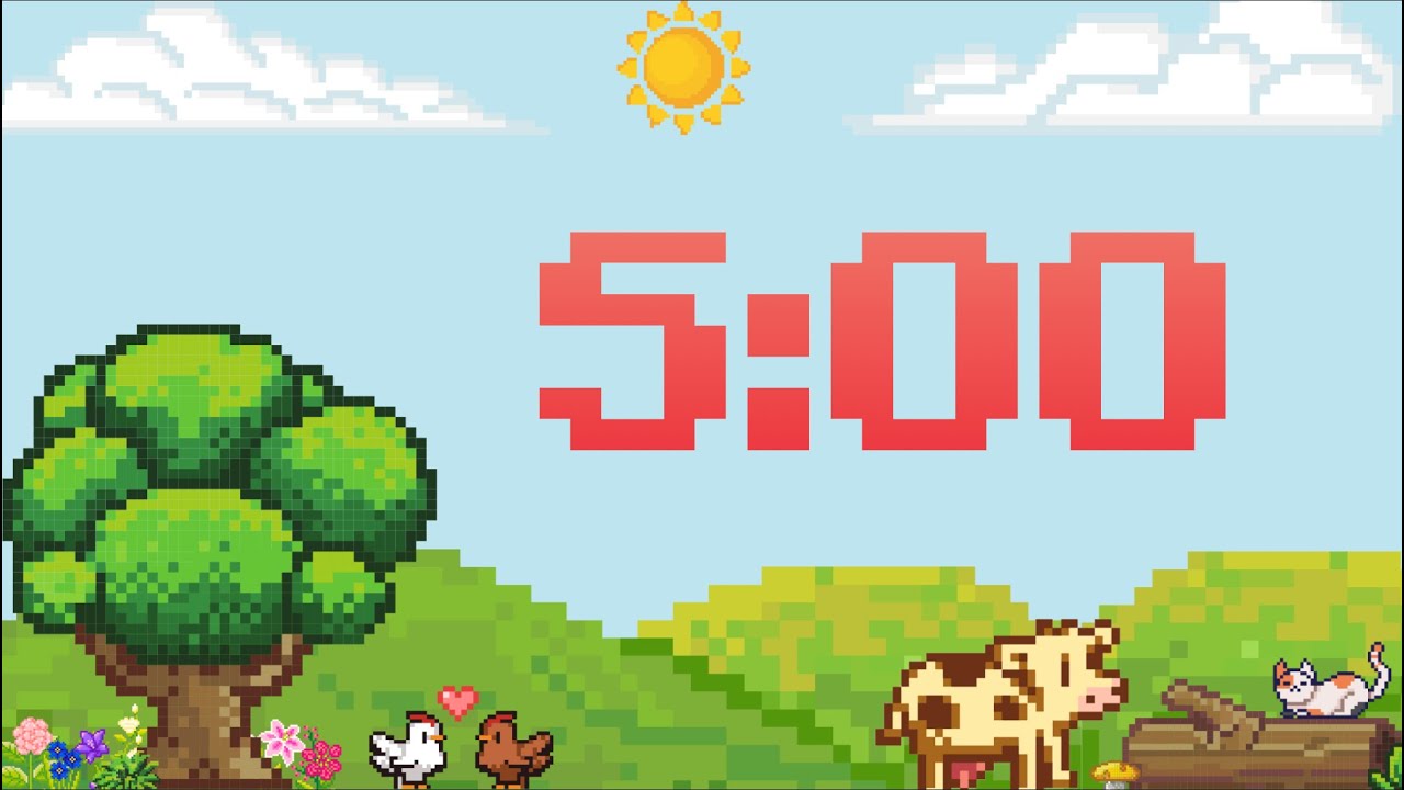 5 Minute Pixel Farm Timer with Relaxing Electronic Music (Synth Bell Alarm at End)