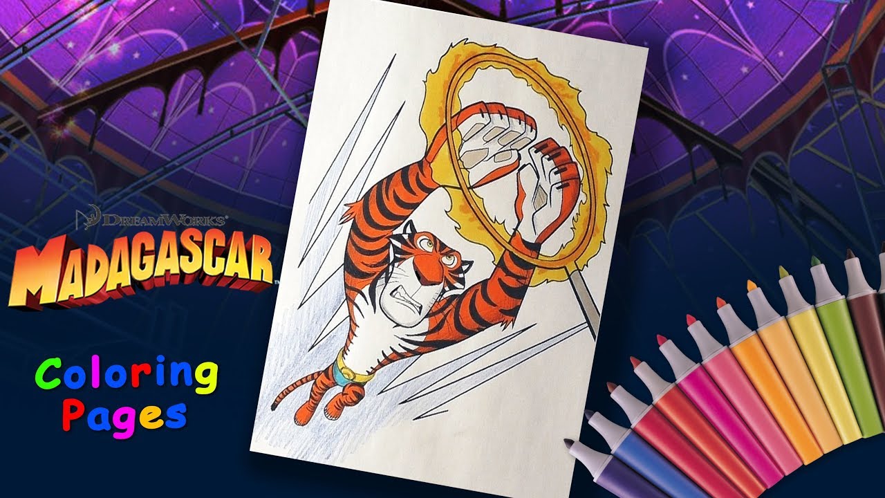 Coloring tiger Vitaly from Madagascar 3. Madagascar coloring book for kids. Сoloring page.