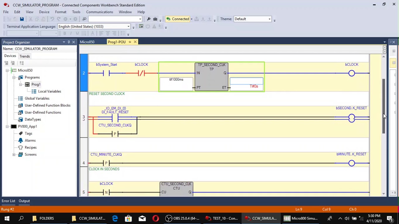 Basic Clock PLC program with Simulator using CCW Connected Components Workbench