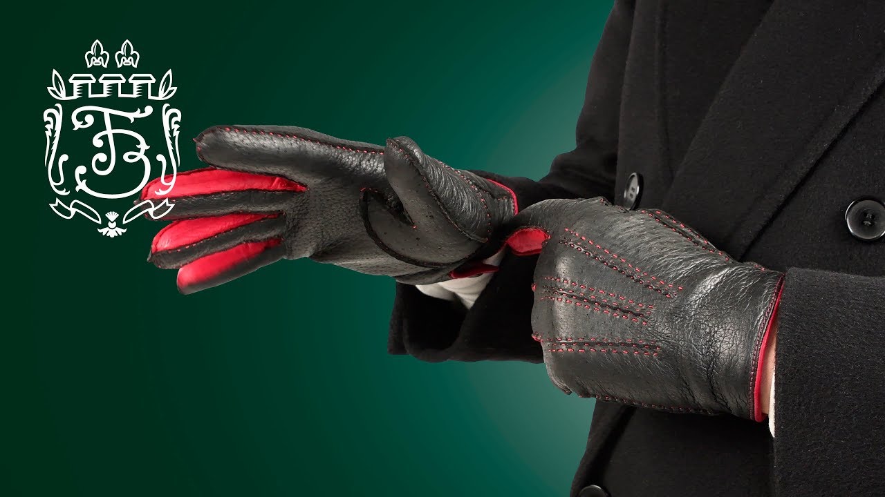 Black and Red Handmade Peccary Leather Men's Gloves - Waterproof in 7 sizes by Fort Belvedere