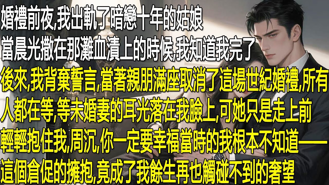 婚禮前夜，我出軌暗戀十年的姑娘，清晨的血漬讓我慌了神。我當眾背棄誓言，取消了與未婚妻的世紀婚禮，等著她的耳光，她卻只輕輕抱我，柔聲叮囑「一定要幸福」。那時我不懂，這個擁抱，會是我餘生再也觸不到的奢望。