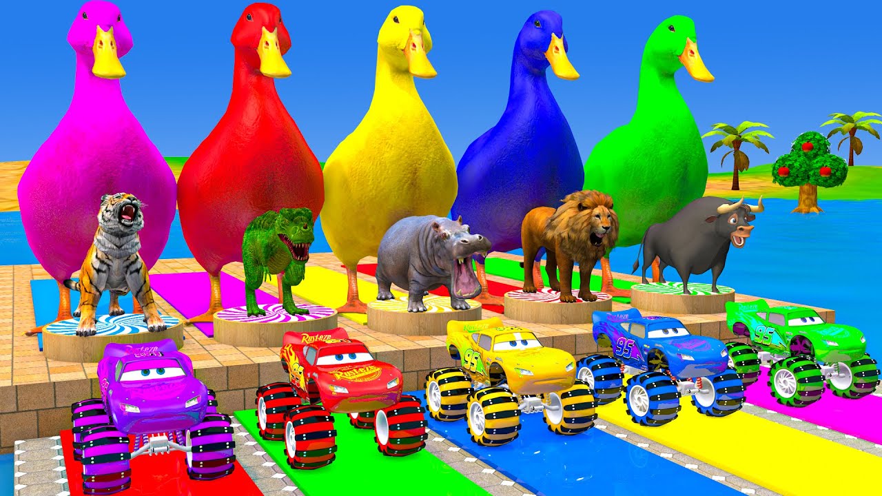 Long Slide Game With Cow Elephant Gorilla Hippopotamus Tiger - 3d Animal Game - Funny 3d Animals