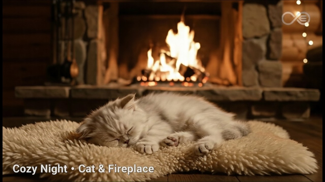 3.5 Hours Cozy Fireplace with Sleeping Cat 🐾 Warm Cabin Ambience for Deep Sleep