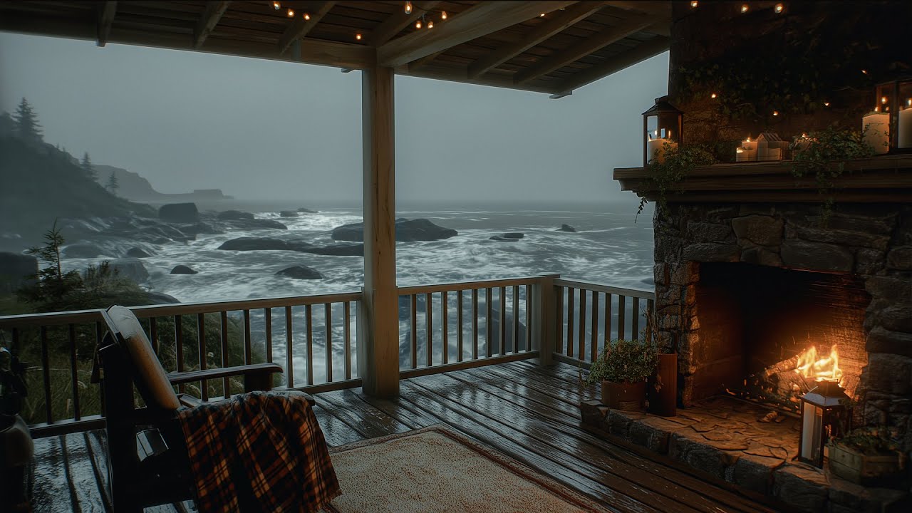 Coastal Maine Porch At Night | Thunderstorm with Fireplace and Ocean Sounds  Deep Sleep