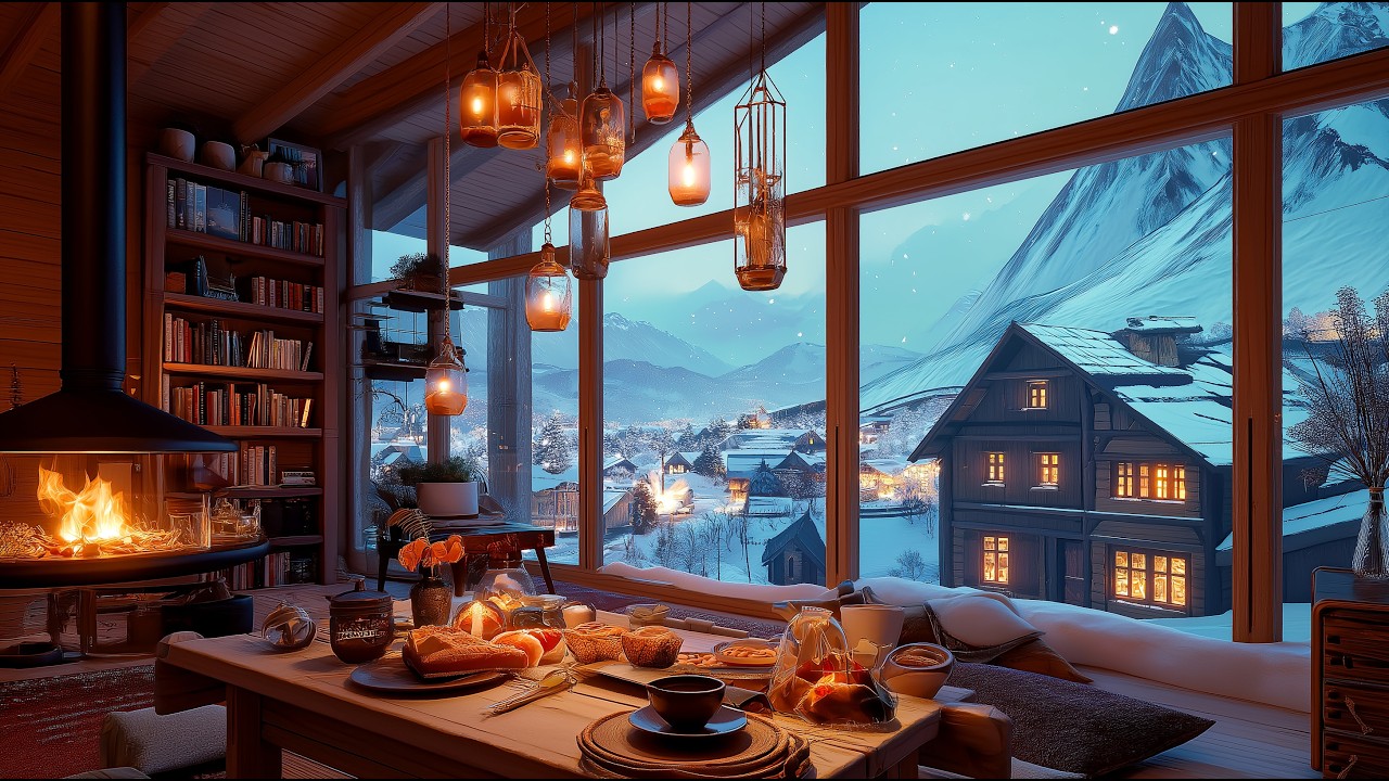 Cozy Winter Jazz & Fireplace ❄️ Relaxing Snow Village Ambience