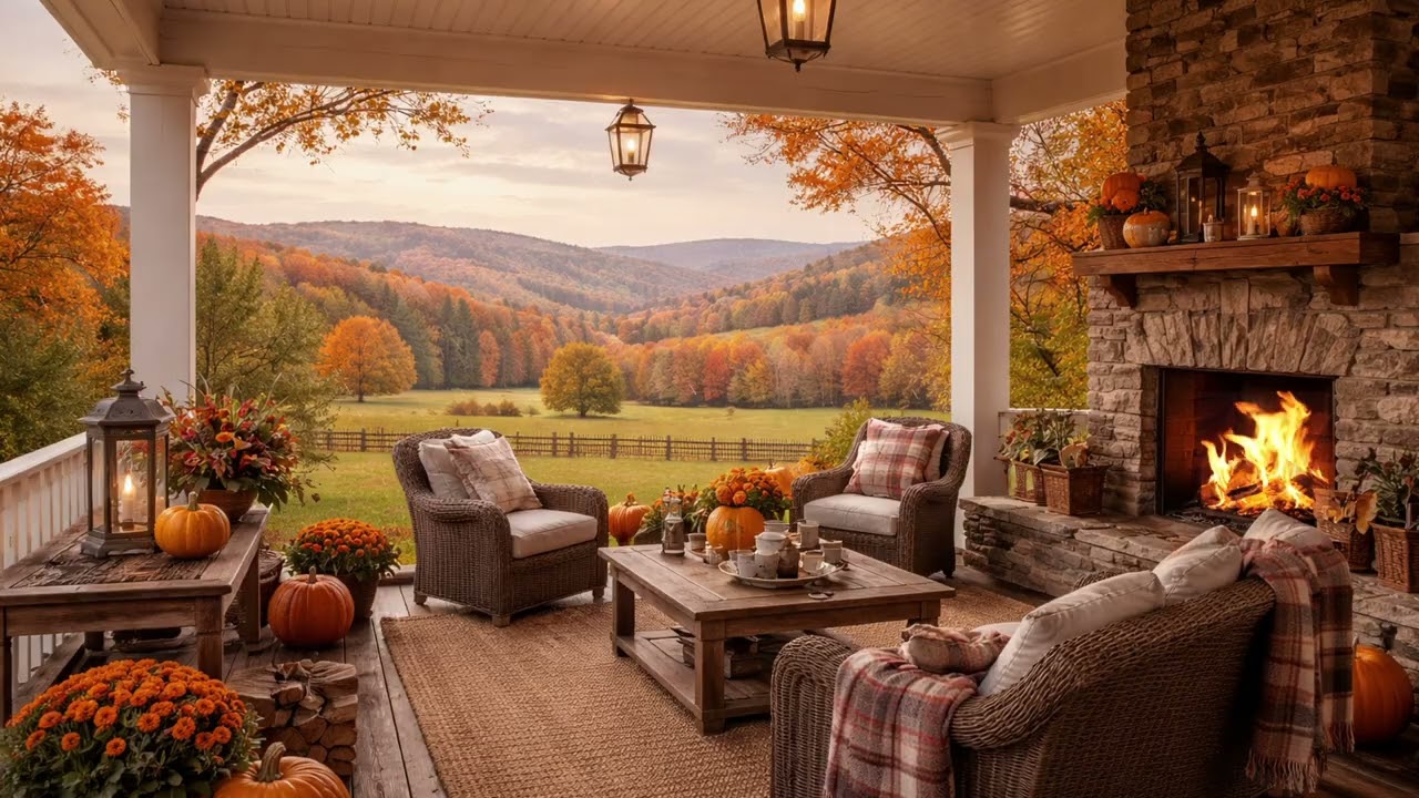 Cozy Autumn Porch Rain Sounds + Gentle Thunder | Fireplace Ambience for Sleep, Study & Relax