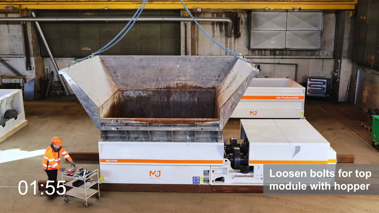 Exchange of cutting table in less than 60 minutes – M&J P250 electric pre-shredder time-lapse