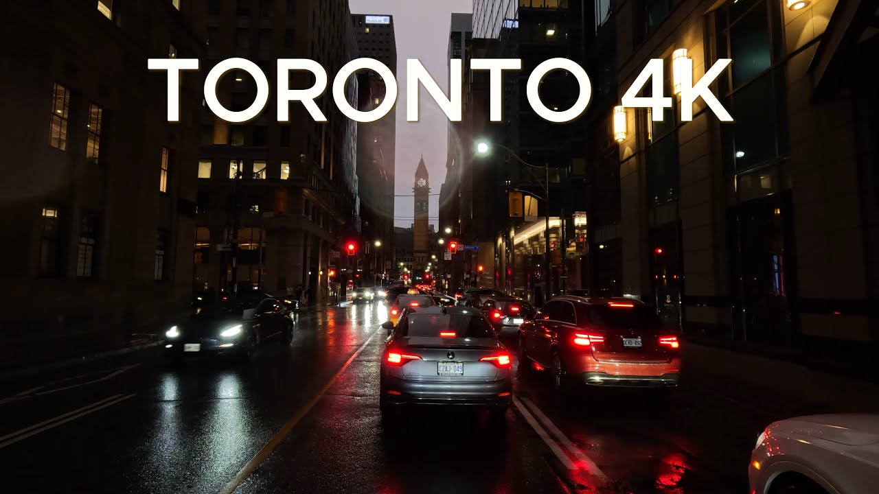 Driving in Rain at Night Downtown Toronto - Canada 4K