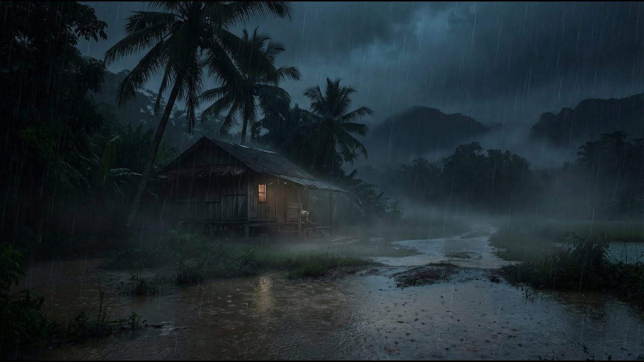 Heavy Tropical Rain at Night 🌧️ Cozy Jungle Cabin Ambience | Sleep, Relax, Study