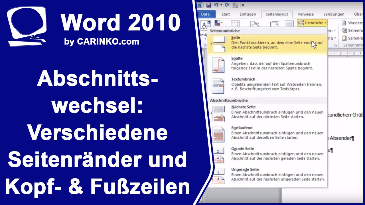 Word 2010 Abschnittswechsel: Verschiedene Seitenränder, Kopf- & Fußzeilen im Dokument - carinko.com