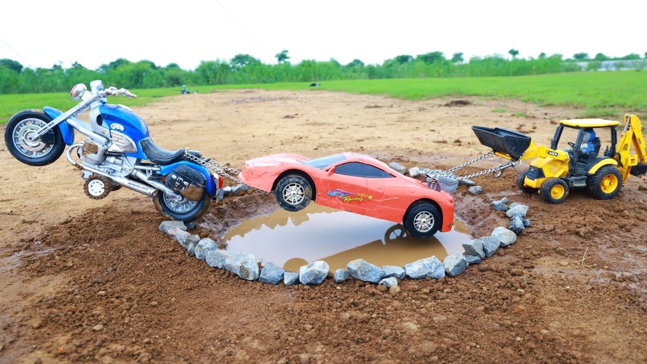 New Bugatti Car And New Jcb 3dx Xpert Accident Pulling Out Jcb 3dx Hero Bike ? Cartoon video | CSToy