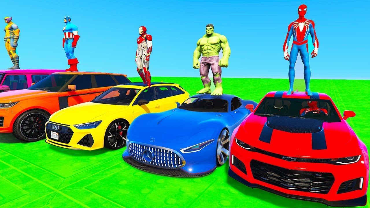 SPIDERMAN CARS Racing Challenge over HIGH Rampa ! SUPERHERO Car HULK Iron Man Goku Race Jump - GTA 5
