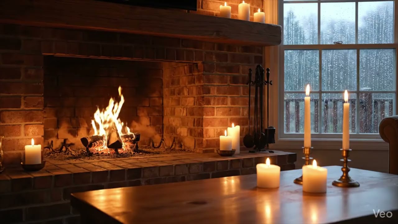 Romantic Fireplace, Candles & Rain Ambience – Cozy Cloudy Day Atmosphere