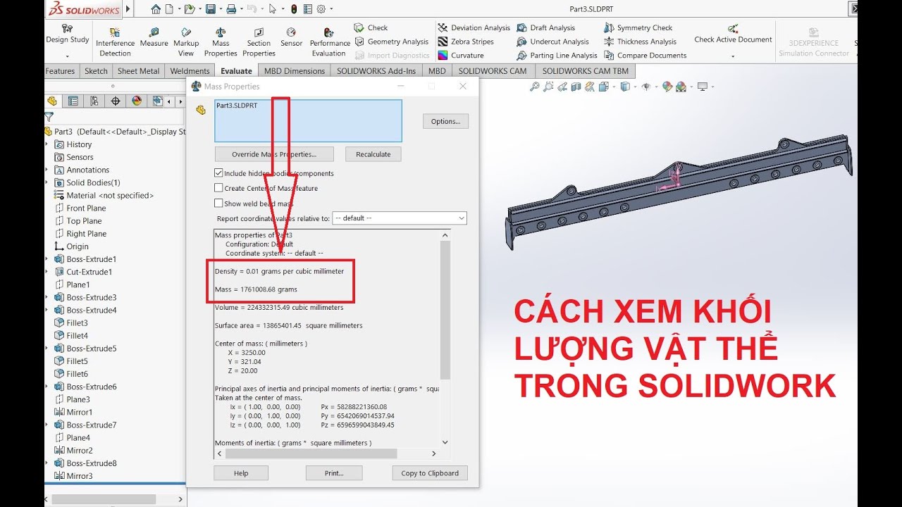 CÁCH XEM KHỐI LƯỢNG VẬT THỂ TRONG SOLIDWORK