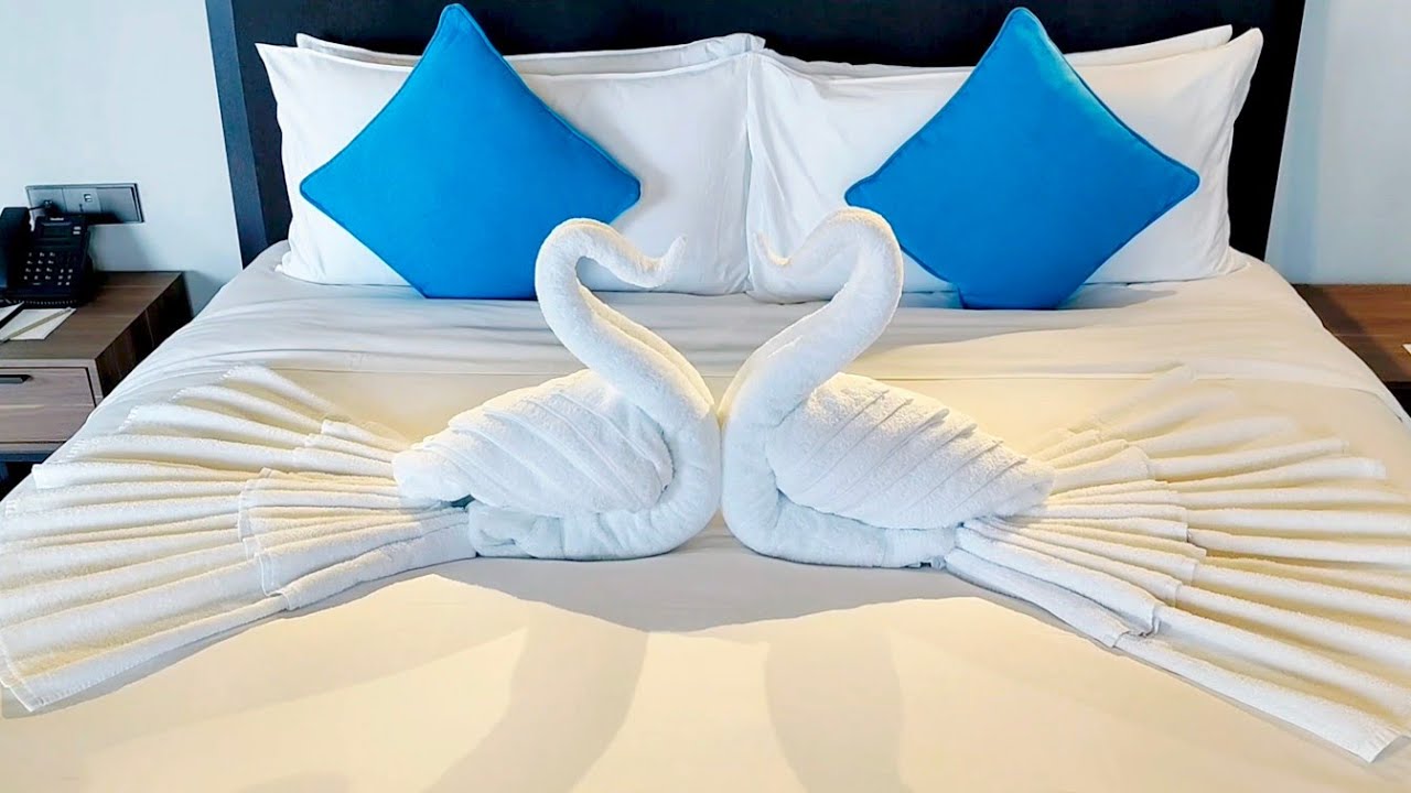 How to make towel folding new swan set up||bed decoration ideas||towel art for housekeeping||RB LOVE
