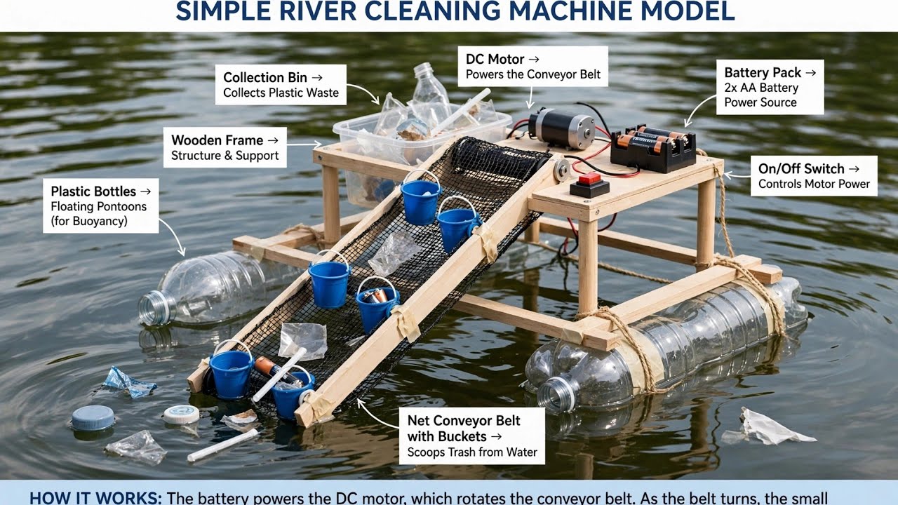 Simple working model of river cleaning machine