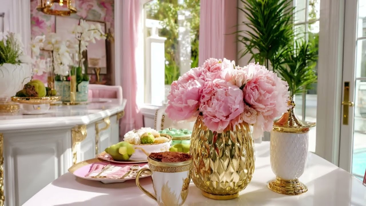 Step Inside the Beverly Hills Dream Home Where the Gold-Pink Dining Room Stuns by Versace Home