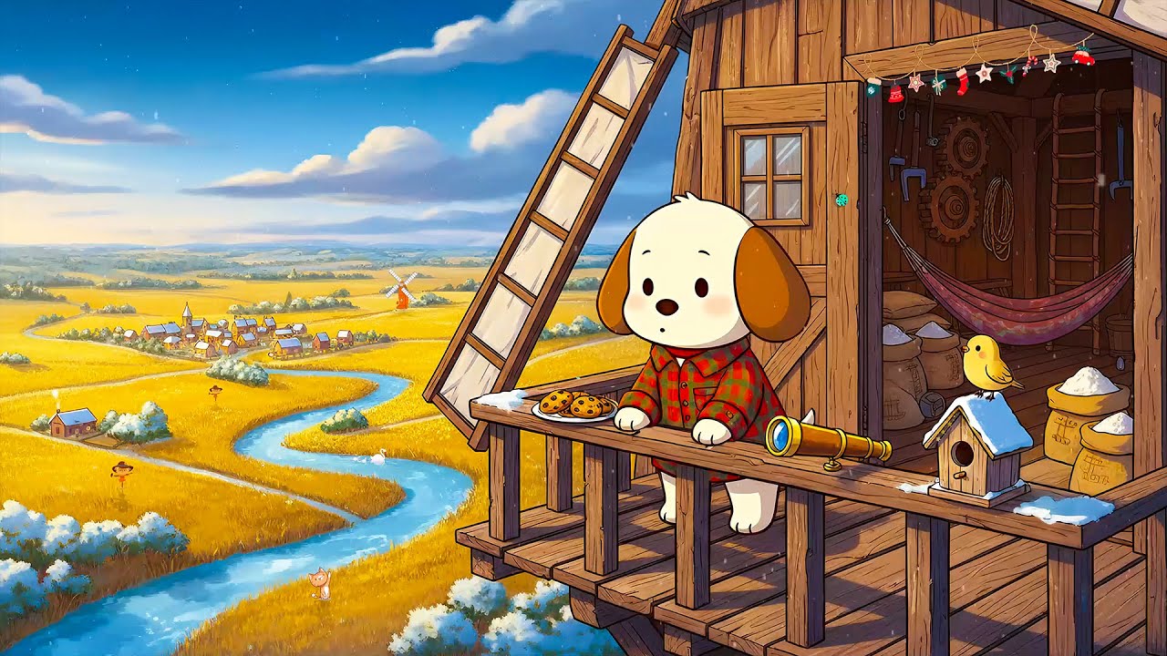 Plaid Jacket Puppy on Windmill Balcony 🧣 Cozy Golden Harvest Lofi 🌾 Snowy Rustic Wood Mill Vibe