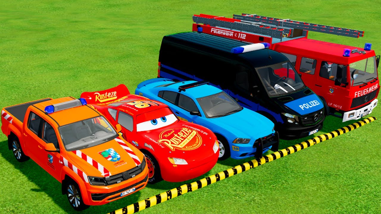 VOLKSWAGEN, MCQUEEN سيارة ماكوين, DACIA POLICE CARS & MERCEDES FIRE TRUCK VEHICLES TRANSPORTING FS22