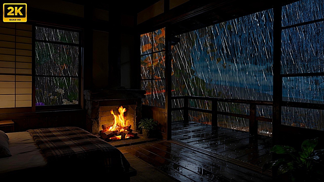 Fall Asleep Fast to Rain Outside the Window | Cozy Fireplace Night Ambience