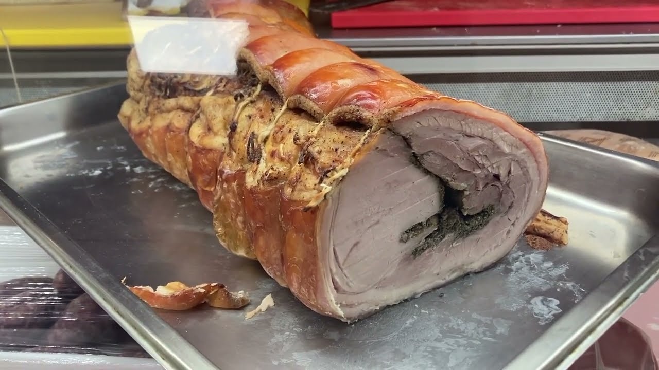 PORCHETTA TOSCANA slicing classic roast pork with rosemary-sage stuffing ASMR Tuscan deli