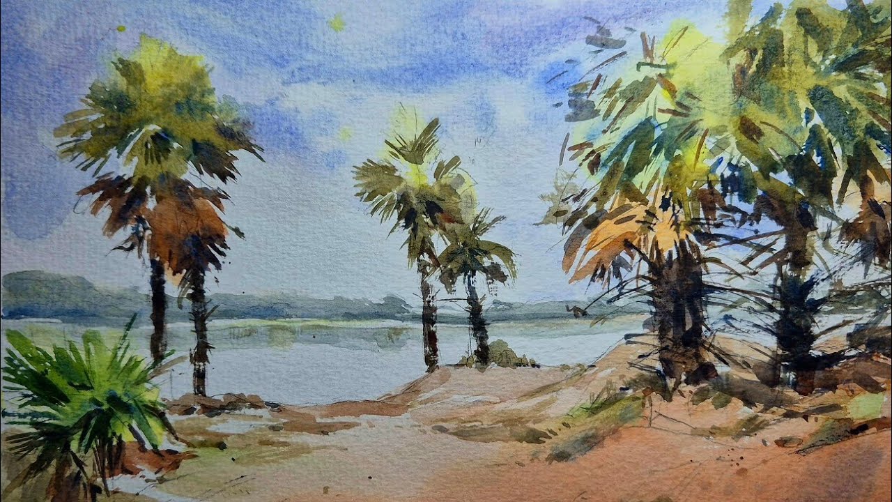 Palm Tree village watercolor landscape | step by step tutorial | CSA Fine Art