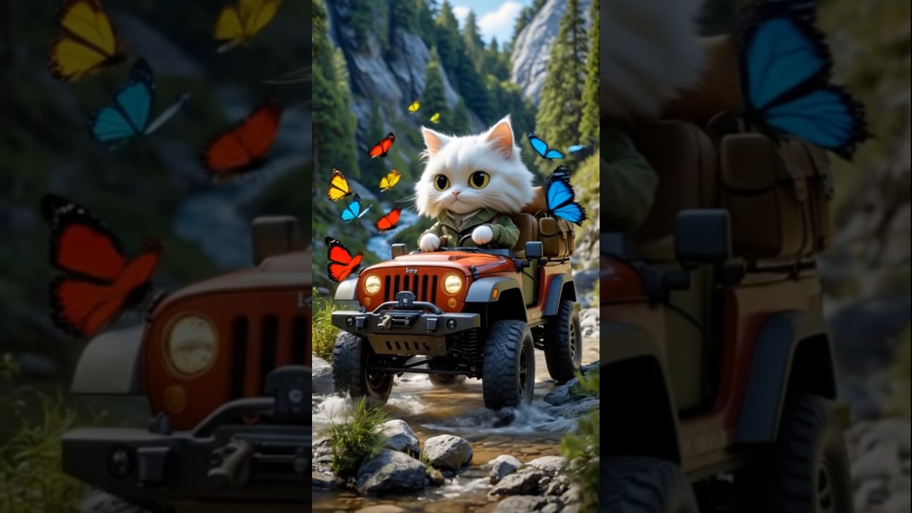 suddenly, a giant, friendly squirrel appears next to the jeep 